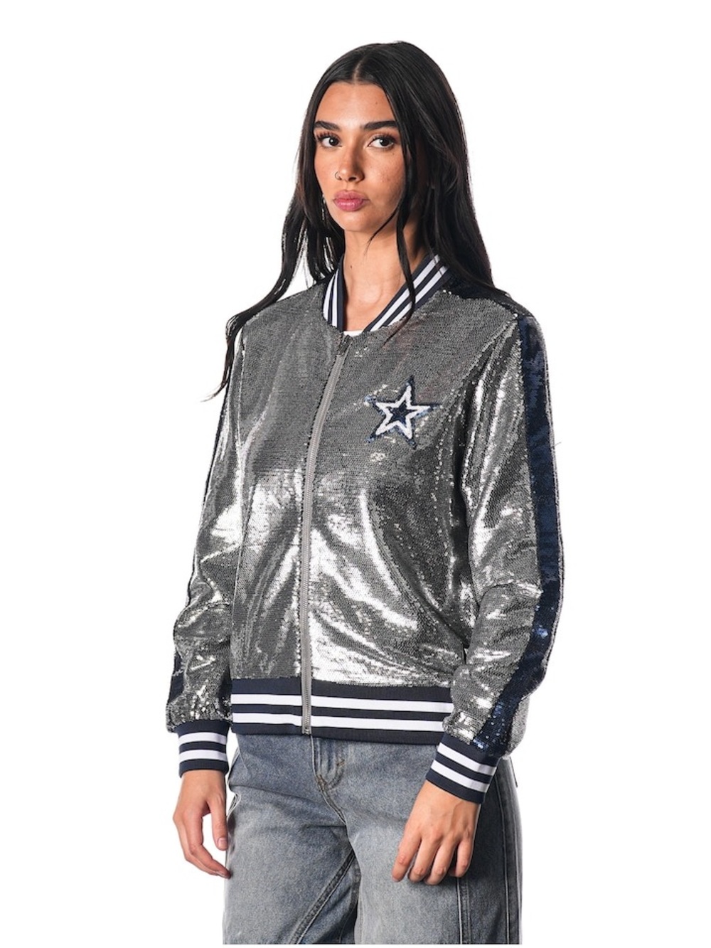 The Wild Collective Silver Dallas Cowboys Sequin Full-Zip Bomber Jacket XS